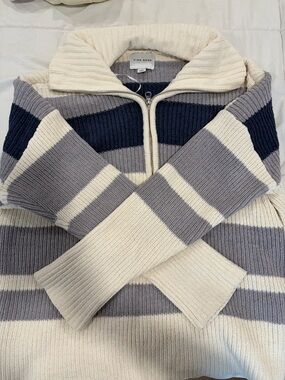 Pink Rose Women's Zip-Up Ribbed Sweater in Cream, Gray & Navy